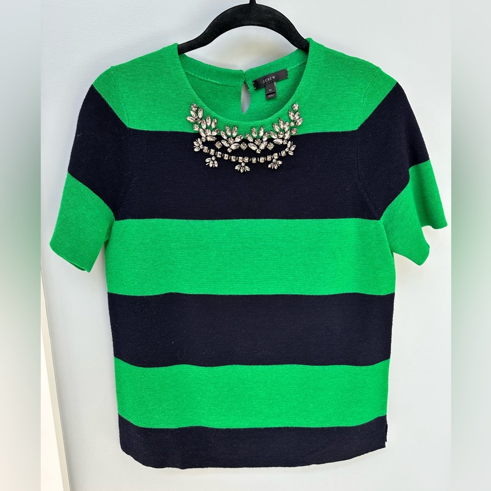 J. Crew Embellished Navy and Green Stipe Short Sleeve Sweater - size M